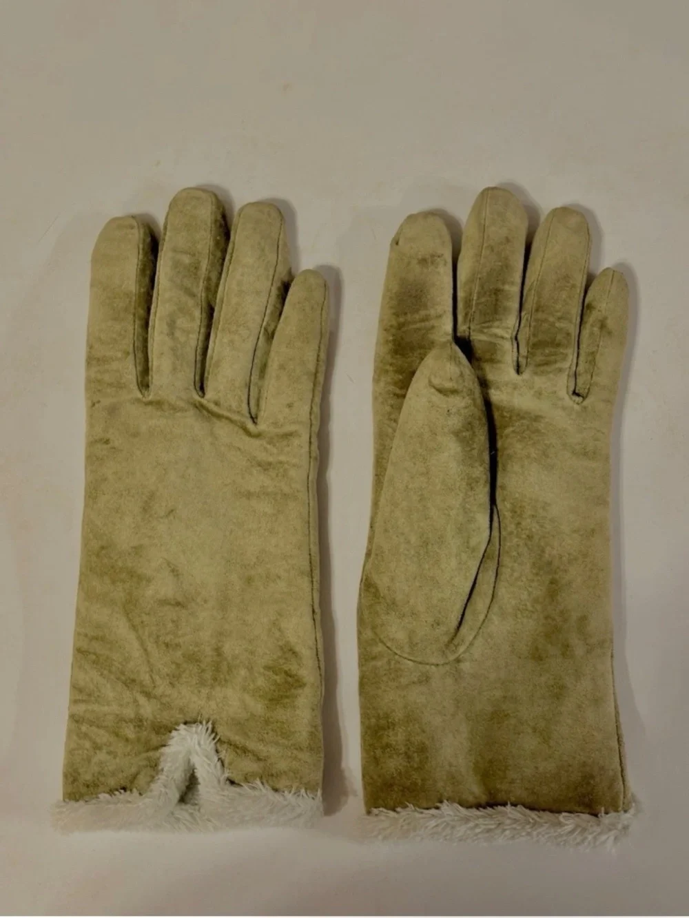 Vintage Genuine Suede Leather Winter Gloves Sherpa Lined Dusty Olive Women’s M